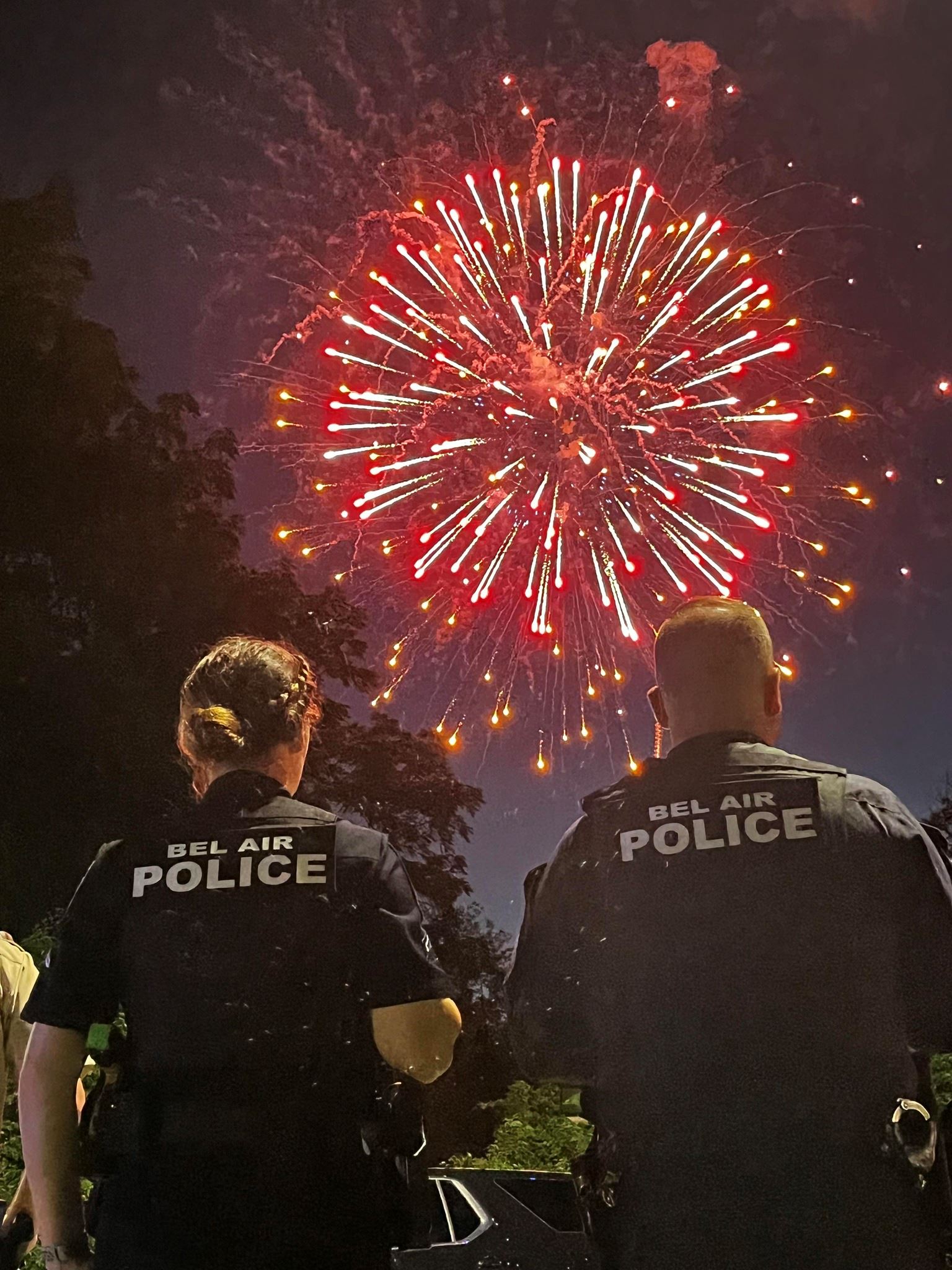Photo of Bel Air police officers watching fireworks on July 4, 2023