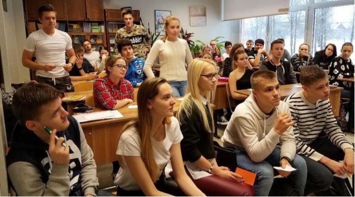 High school students in Narva, Estonia, listen to Harford Community College students about the impor