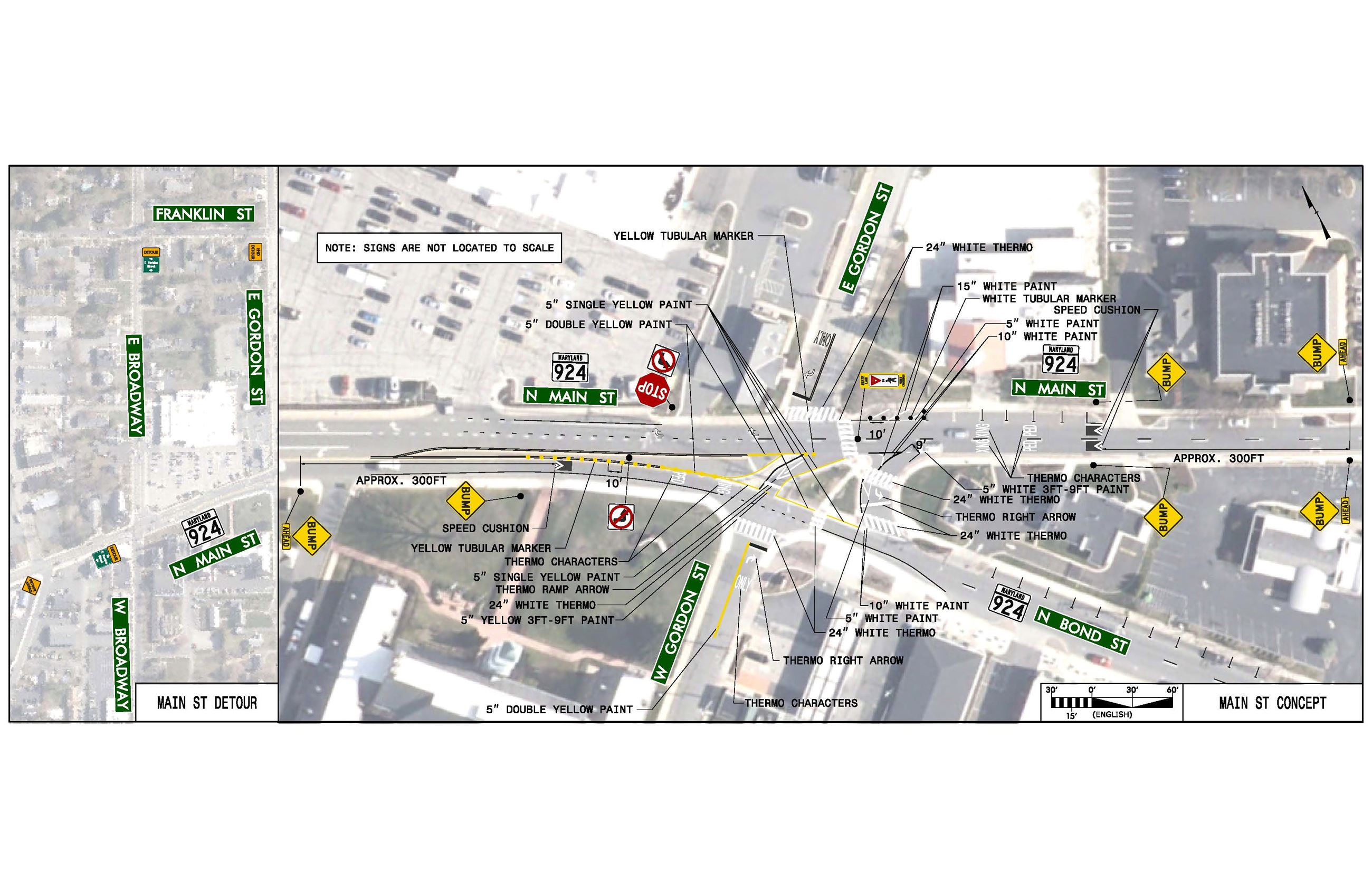 Map showing Gordon and Main at Bond Street proposed changes to traffic patterns